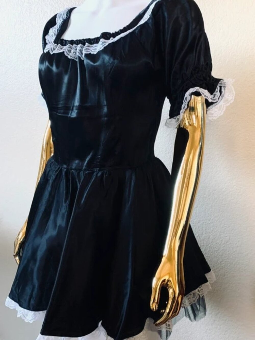 Black satin maid Halloween dress costume with lace trim. Size S